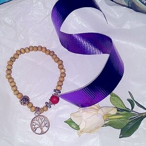 Tree of Life Bracelet Wooden Beads with Gold Tree of Life Charm adjustable NEW